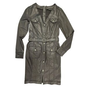 White House Black Market Belted Coated Denim Dress Women 4 Black Waxed V-Neck